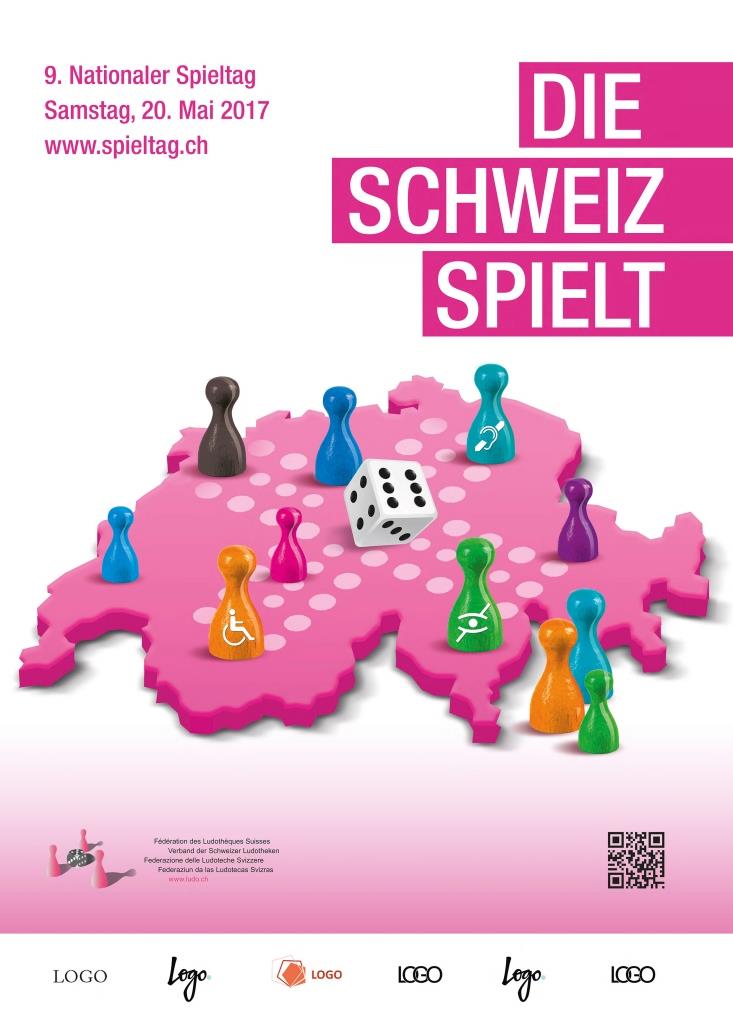 Das Plakat zeigt ein Eile-mit-Weile-Spielbrett in pink. Darauf stehen Spielfiguren in verschiedenen Farben. Drei Figuren sind mit einem Piktogramm gekennzeichnet, Rollstuhl, Hörbehinderung, Sehbehinderung.
In der Mitte des Spielbretts befindet sich ein Spielwürfel. 
Links oben steht der Text: 9. Nationaler Spieltag, Samstag, 20. Mai 2017, www.spieltag.ch
Seitlich rechts oben steht in Grossbuchstaben: Die Schweiz spielt
Unten links befindet sich das Logo des Verbands der Schweizer Ludotheken